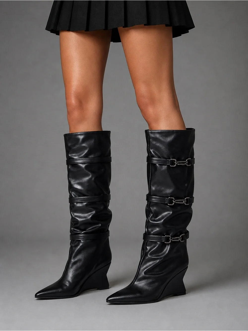 Black Kullervo Slouchy Wedge Knee-High Boots Buckle Detail Pointed Toe NIB